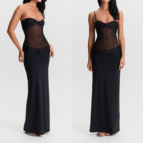 Image of Women Sheer Maxi Dress Detachable Spaghetti Straps Knotted Twist Bodycon Long Dresses Party Cocktail Wear