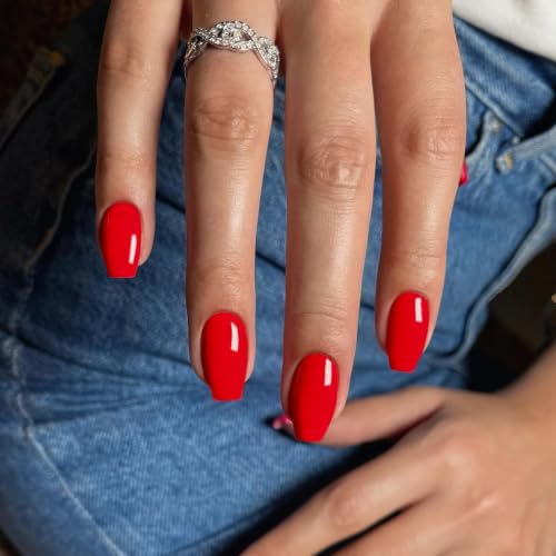 Red Short Coffin Press On Nails For Women, Ballerina T Shape Acrylic False Nails, Natural Handmade Gel Medium Square Nails