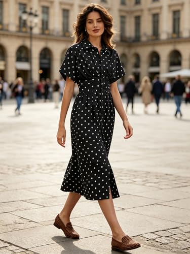 Image of MSBESYOR Women Button Front Pleated Shirt Maxi Dress Summer Striped Prints Short Sleeve Collar Casual Long Dresses