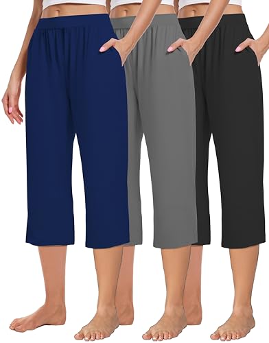 3 Pack Women's Capri Sweatpants, Cozy Wide Legs Cropped Capri with Pockets, Lounge Jogger Pants Workout Yoga Capris