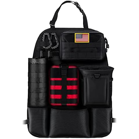 IronSeals Car Seat Back Organizer with 4 Molle Pouches, Universal Tactical Sag Proof Vehicle Seat Cover Protector with EMT Pouch Admin Pouch Water Bottle Pouch Drawstring Bag Cover