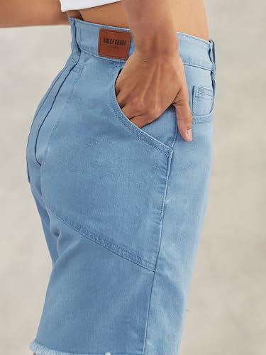 Image of Dolce Crudo Women's Relaxed Fit Mid-Rise Denim Shorts with Adjustable Waist & Frayed Hem