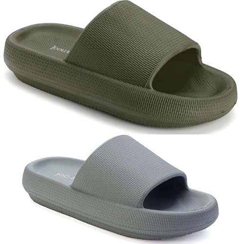 Joomra Unisex Pillow Slippers Shower Slides House Shoes Amy Green And Grey 10.5-11.5 Women/9-10 Men 42-43