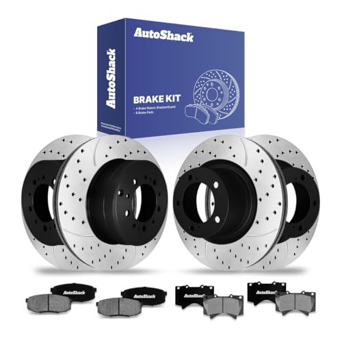 AutoShack Front & Rear Drilled & Slotted Brake Rotors Ceramic Brake Pads | Replacement for Lexus LX570 Toyota Sequoia Land Cruiser 2007-2021 Tundra 4WD | E-Coated | 12-PC Brake Kit | ShadowGuard