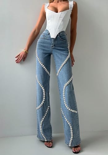 Unybwonn Women High Waist Jeans Rhinestone Trim Bling Baggy Denim Pants Y2k Straight Wide Leg Trousers Streetwear3