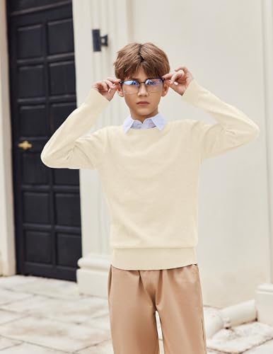 Arshiner Strickpullover für Jungen Langarm Herbst Winter Junge Basic Einfarbig Pullover Schooluniform Stricken Sweater Langarmshirt für Kinder Rundhals Beige 150