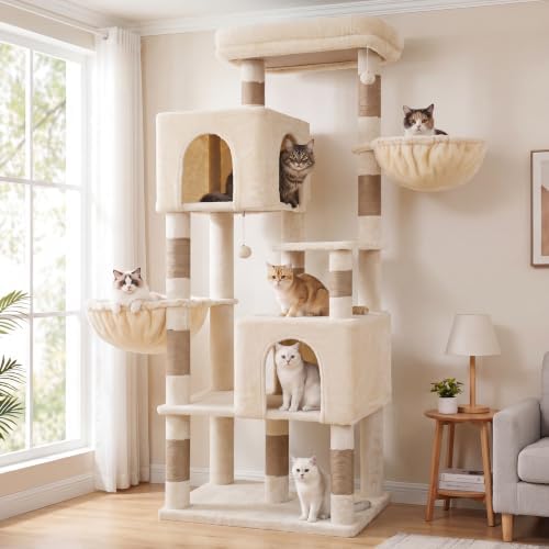Heybly 173 cm großer Kratzbaum für Wohnungskatzen, Beige HCT059MJ | stabiler Katzenbaum mit großer Liegeplattform, 2 gemütlichen Katzenhöhlen, 2 Katzenkörben, 10 Sisal-Kratzstämmen