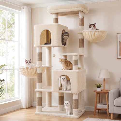 Image of Heybly 68.1 inch Cat Tree with Oversized Top Platform & Wide Base HCT059MJ | Heavy Duty Cat Tower for Large Indoor Cats with 2 Condos, 2 Hammocks, 10 Sisal Scratching Posts, Stable Cat House, Beige