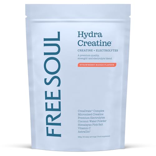 HydraCreatine Creatine Monohydrate & Electrolytes Powder | Hydrate Performance & Strength All in 1 with Magnesium Vitamin C Biotin & Coconut Water | Strawberry Mango Flavoured | Free Soul