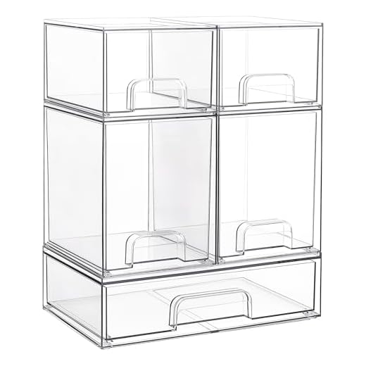 Vtopmart Stackable Storage Drawers Set of 5, Clear Plastic Organizer Bins for Beauty Supplies,Ideal for Vanity, Bathroom,Cabinet,Pantry Organization