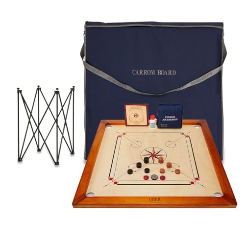 Uber Games Jeu de Planches de Carrom de qualité supérieure - 83,8 x 83,8 cm - Taille Officielle - Comprend Carrom Men, Striker et Acc. - Bords en Bois Dur pour Un Meilleur Rebond - Fabriqué en Inde