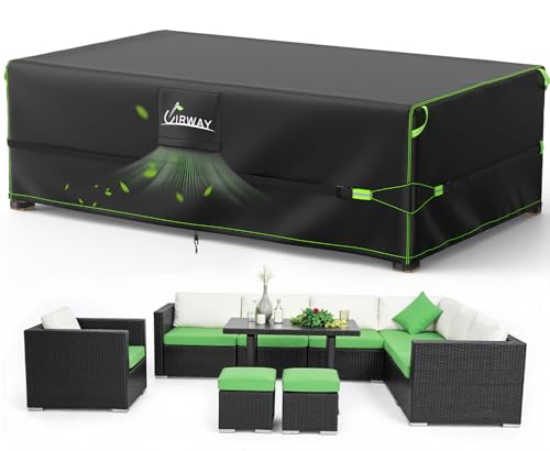 UIRWAY 600D Patio Furniture Covers-Upgraded 5 Layers Tough Oxford fabric Waterproof Outdoor Table Cover for Heavy Duty Table and Chairs with Triple-Layer Windproof Design Fits 98