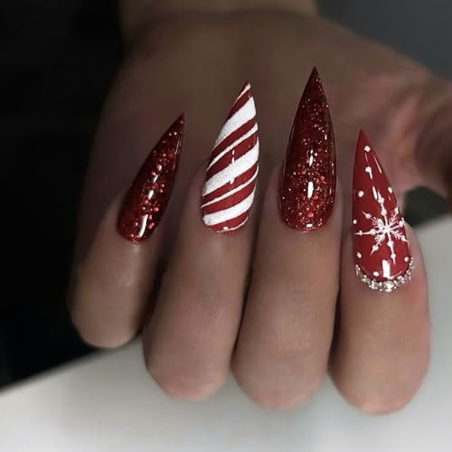 Christmas Red Tip Press on Nails Medium Almond Snowflake Glitter ...