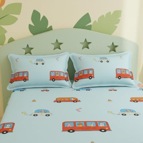 Image of Filymore Kids Double Bed Sheet Set - Cartoon Bus Theme, 240 TC Soft Microfiber, Includes 2 Pillow Cover, Double Bed Bedspread (90x90 in), Sky Blue and Red Colour