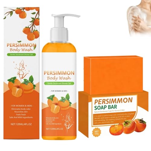 Kaori Kaki Seife und Kaki Duschgel Set Persimmon Body Wash gegen Körpergeruch Altersgeruch & Schweißfüße Presimmon Soap Seife Natürliche Reiniger mit Kakis & Grüntee-Extrakt für Männerund Frauen