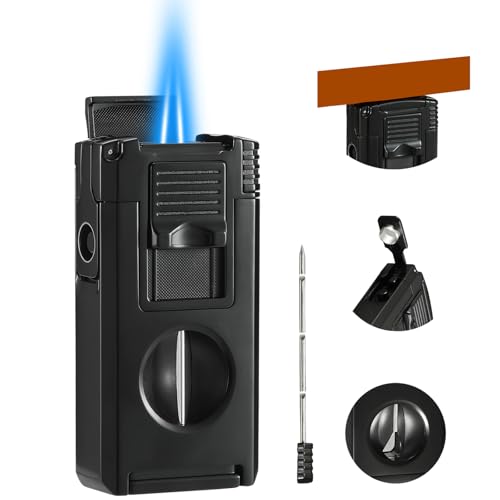 All in One Jet Flame Butane Torch Lighter Built-in Cutter V Cut, Punch, Holder Function, Draw Enhancer Tool, Refillable and Adjustable Windproof Gas Lighter, Black (Sold Without Gas) ?