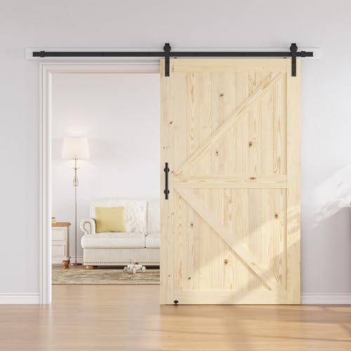 Image of SMARTSTANDARD 48in x 84in Sliding Barn Door with 8ft Barn Door Hardware Kit Included, Unfinished Solid Spruce Wood Door, Assembly Required, DIY, Stainable, Natural