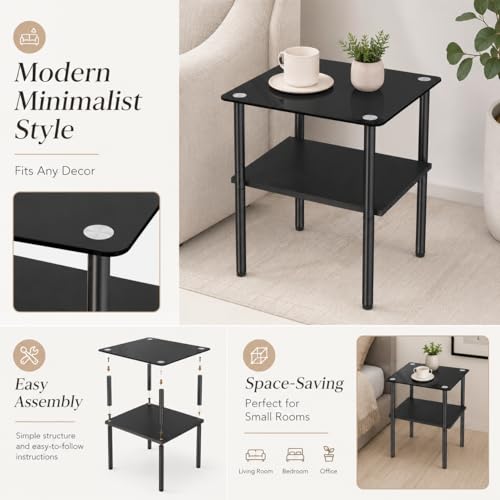 Image of Small Side Table Set of 2, Square Glass End Table with Clear Tempered Glass Top for Small Space, 2-Tier Bedside Table Sofa Couch Table, Nightstands Set of 2 Accent Table for Living Room, Apartment