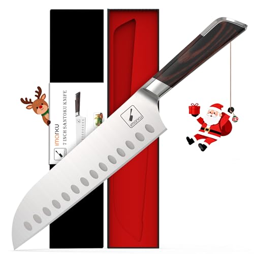 imarku Damascus Chef Knife, Ultra Sharp Japanese Santoku Knife 7 Inch, Professional Grade Powder Steel Forged Damascus Kitchen Knife, Pakka Wood Ergonomic Handle, Gifts for Women and Men