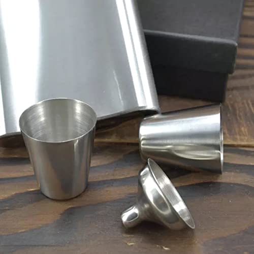 Image of AUGEN Hip Flask Stainless Steel Leak Proof Jim Silver Beam Leather Stiched 7oz (210ml) Liquor Pocket Flasks or Alcoholic Beverage Holder Set with Two Shot Glasses and Funnel Gift Set