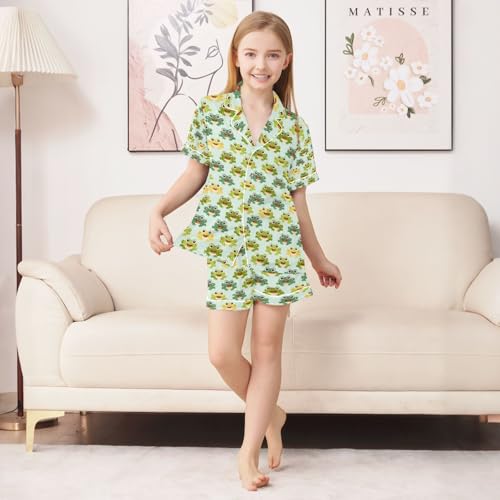 senya Green Frog Satin Summer Pajama Sets Silk Short Sleeve Button Down Sleepwear4