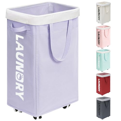 Image of Goodpick Laundry Basket with Wheels,75L Collapsible Laundry Baskets with Removable Wash Bag, Clothes Laundry Hamper on Wheels, Light Purple