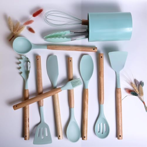 Image of 12 Pcs Silicone Cooking Utensils Set with Holder - Heat Resistant Spatula Turner Set, Wooden Spoons, Kitchen Gadgets Tools for Nonstick Cookware (12, Green)
