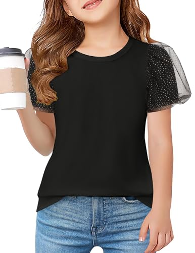 Image of Arshiner Girls Shirts Mesh Puff Short Sleeves Blouse Crewneck Cute Print Summer Kids Tee Tops