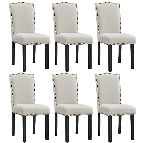 Yaheetech Lot de 6 Chaises de Salle à Manger avec Haut Dossier Design Boutons Bronzés Chaises de Cuisine en Tissu pour Table à Manger, Fauteuil de Salon...