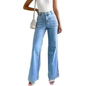 LOLONG Jeans for Women 2024 High Waisted Flare Casual Wide Leg Denim Pants Baggy with Patch Pockets