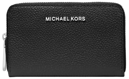 Image of Michael Kors Jet Set Small Zip Around Card Case, Silver-Tone Hardware /Mercer Pebble Leather /Black