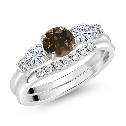 10K White Gold Brown Smoky Quartz White Moissanite and White Lab Grown Diamond 5 Stone Bridal Engagement Wedding Ring Set For Women (0.81 Cttw, Round: 5MM and 3MM, Available in Size 5,6,7,8,9)2