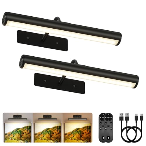Image of EZVALO 13Inch Wireless Picture Lights, 4000mAh Rechargeable Battery Art Lights with Remote, Dimmable 3 Color Temps LED Painting Lights for Living Room, Bedroom, Hallway (Black, 2Pack)