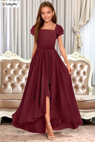 Short Sleeve Junior Bridesmaid Dress with Slit Square Neck Flower Girl Dresses for Wedding Long Formal Party Jr Dress4