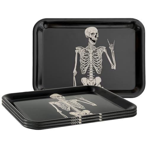 Whaline 3Pcs Halloween Serving Trays Black Skeleton Plastic Platter Serving Dishes Reusable Trays for Party Sharing Snack Fruit Dessert Supplies, 10 x 13 Inch