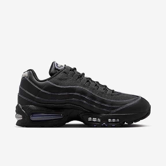 Full side view of Nike Air Max 95 OG shoe, black with white stitching details.