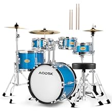 AODSK 14 Inch 5-Piece Full Size Drum Set for Beginner Aspiring Drummers, Complete Starter Kit with Adjustable Throne, Brass Cymbals, Hi-Hat, Pedal, Drumsticks, Ideal Holiday Gift Light Blue