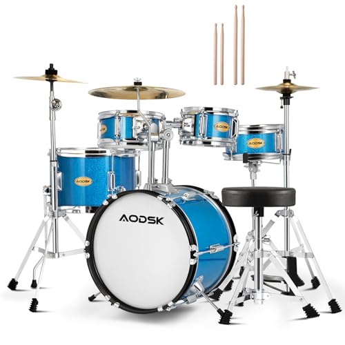 AODSK 14 Inch 5-Piece Full Size Drum Set for Beginner Aspiring Drummers, Complete Starter Kit with Adjustable Throne, Brass Cymbals, Hi-Hat, Pedal, Drumsticks, Ideal Holiday Gift (Light Blue)
