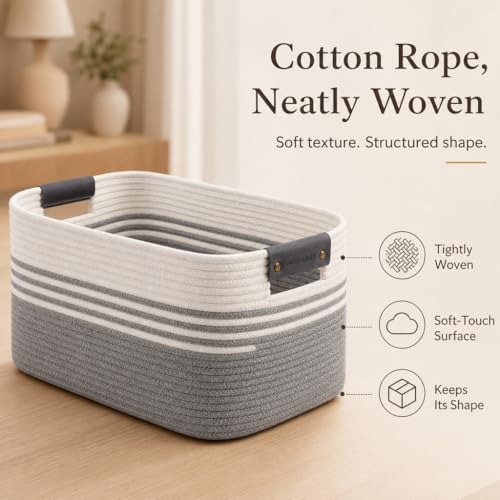 Image of Cotton Rope Laundry Basket Extra Large, 22.8GAL Collapsible Woven Storage Baskets for Living Room Kids Toys Stuffed Animal,Boho Rectangular Decorative Hamper for Dirty Clothes, Blankets White Grey