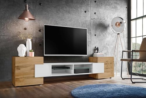 Komodee, Meuble Banc TV Merano, Wotan Blanc Wotan, Largeur 230 cm x Hauteur 52,5 cm x Profondeur 35 cm, sans LED, pour Salon, Chambre