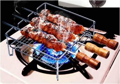 EEEZEEE Barbeque 1 pc Tandoor Stand + Grill Stainless Steel 3pc Stick with Wooden Handle for Outdoor Picnic Camping and Travelling Black