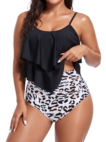 Image of Bathing Suits for Women High Waisted Swimsuits Tummy Control Two Piece Tankini Ruffled Top with Swim Bottom Bathing Suits