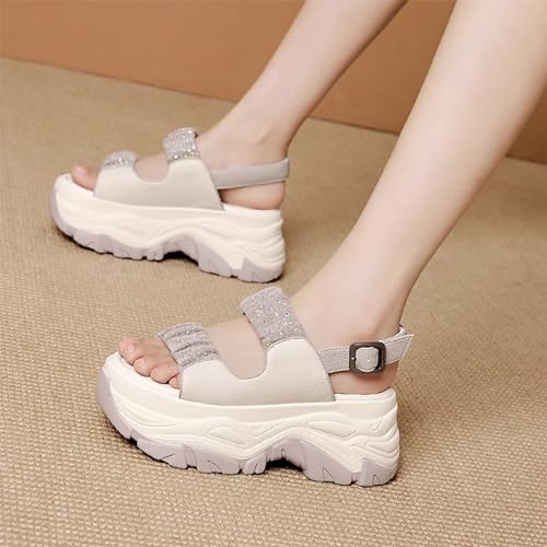 Women'S Leather Double Monk Strap Open Toe Platform Sandals,Summer Fashion Rhinestones Slip-On Casual Shoes,Breathable Comfy Beach Sneakers3