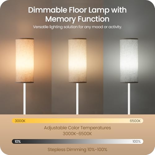 Image of White Floor Lamps for Living Room with Remote and Foot Switch, 64.4 inch Modern Standing Tall Lamp, Dimmable Corner Lamp for Bedroom, Office, Bulb Included, 3000K-6500K, FCC Listed WW06LD05W1