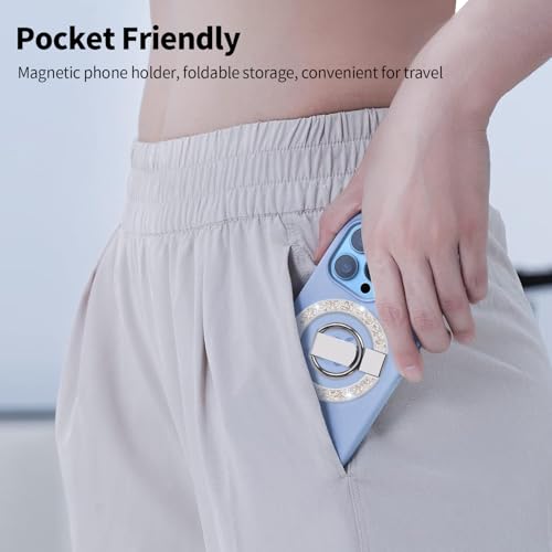 Phone Ring Grip, Magnetic Phone Ring Stand,Ultra Thin Phone Kickstand with Finger Loop, Phone Ring Holder for Mag Safe iPhone 16/15/14/13/12 Series (Glitter Silver Diamond)