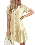 Picture of HOTOUCH Cotton Summer Dress Button Down for Women 100% Cotton Linen Dresses A Line Ruffle Sundress, Beige S