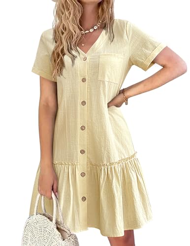 Image of HOTOUCH Women Button Down Dress Loose Summer Cotton Linen Dress Ruffle Hem Casual Dress Short Sleeve Tunic Dress