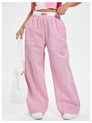 Verdusa Women's Striped Elastic High Waist Loose Wide Leg Pants with Pockets4