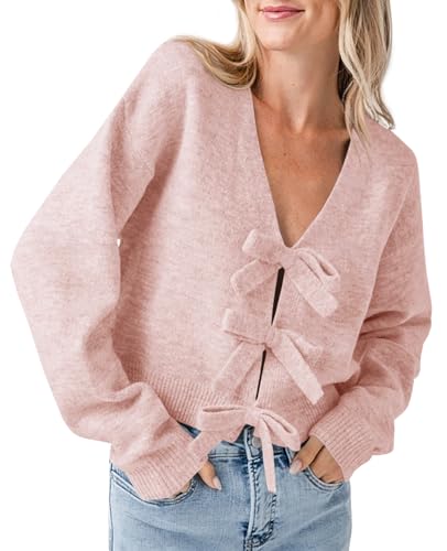 Image of Saodimallsu Womens Bow Sweater Cropped V Neck Long Sleeve Pullover Tops | Soft Cozy Knit, Two-Way Wear Design, Front & Back Bow, Cute Fall Tops 2026, Winter Fashion, Dressy Casual Holiday Outfits