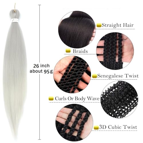 Pre Stretched Braiding Hair Silver Braiding Hair Extensions For Braids 26 Inch 6 Packs Yaki Textured Crochet Synthetic Hot Water Setting Crochet Extensions (26 Inch - Image 3